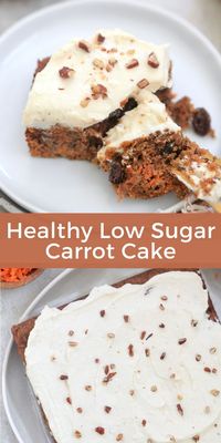 Lower sugar, super moist Healthy Carrot Cake! Gluten free, so easy and done in 40 minutes. Slather with healthy cream cheese frosting!