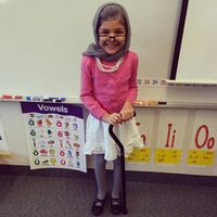 100th day of school - 100 year old costume idea. Baby powder in hair, scarf on head, glasses, cardigan, pearl necklaces, skirt, tights, dress shoes and cane.