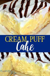 collage of cream puff cake images with text