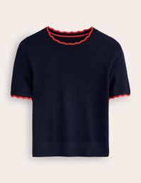 How to upgrade the classics in your wardrobe with a hint of playfulness? How about this T-shirt for starters? It's spun from pure Merino wool to a V-neck shape and trimmed with scalloped details at the neck and cuffs.