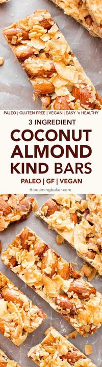 3 Ingredient Homemade KIND Coconut Almond Bar Recipe (V, GF): an easy recipe for homemade paleo KIND bars packed with crunchy almonds and sweet coconut. Only 107 calories, 5g sugar, 7g carbs each. Paleo, Vegan, Gluten-Free, Dairy-Free.