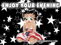 ENJOY YOUR EVENING MORE Betty Boop Images http://bettybooppicturesarchive.blogspot.com/  ~And on Facebook~ https://www.facebook.com/bettybooppictures   Patriotic sexy Betty Boop wrapped in the American flag #Greeting