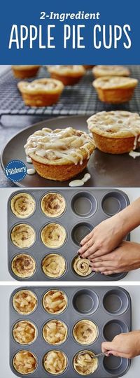 Yes, you can make tasty apple pie cups with just two ingredients! All you need is a can of Pillsbury™ refrigerated cinnamon rolls and some apple pie filling for an easy fall-inspired treat that serves a crowd. For a little something extra, we recommend serving with a large scoop of vanilla ice cream. Expert tip: Use a nonstick muffin pan for easiest removal.