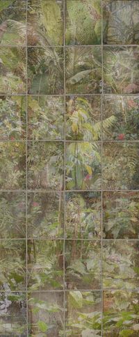 A section of MAKINO wallpaper, a textured wallpaper designed using both painting and photography. Lush palm foliage and a glistening pool of water are observed through the handblown glass of a hothouse. Photography and hand-painting are combined to create this contemporary mural, printed on a paper-backed fabric wallcovering with a silk strié look, and designed as three separate panels.