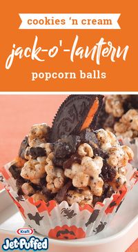 Cookies 'N Cream Jack-o'-Lantern Popcorn Balls – Ready in just 20 minutes, this Halloween-themed recipe is sure to be a favorite with your kids. These colorful popcorn balls are studded with chopped chocolate sandwich cookies and raisins and decorated to resemble jack-o’-lanterns!