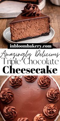 This is the best triple chocolate cheesecake recipe! It's a simple recipe for creamy, chocolate cheesecake with an Oreo cookie crust, topped with chocolate ganache.