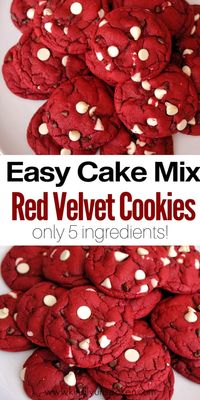With just 5 ingredients, these soft, chewy, and delicious Red Velvet Cake Mix Cookies are so easy to make. These best ever red velvet cookies are made from a boxed cake mix, white chocolate chips, and miniature semi sweet chocolate chips, and are perfect for Christmas, Valentine's Day, or anytime you're craving red velvet cake! #redvelvetcookies #cookies #cakemixcookies #christmascookies #valentinescookies #redvelvet
