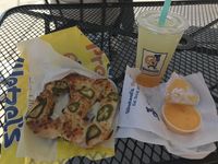 Jalapeno Cheese, mango lemonade with boba