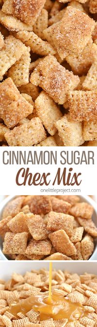 This cinnamon sugar chex mix is SO GOOD. It's super easy to make, and the sweet buttery crunch is insanely addictive! Such an awesome snack idea for parties, Christmas, Super Bowl, school snacks, mid-afternoon cravings, everything! It's Churro Chex Mix - So good!