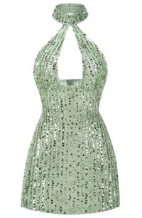 Halter Crystal Sequin Dress Green DESIGN: Color: Green Halterneck Sleeveless Sequined Cut-out detail Open back design Embellished with rhinestones Concealed zipper at back Gentle Dry Clean Only Length: Mini MATERIAL: Polyester + Cotton + Spandex High quality durable fabric. Delicate sewing and hemming by durable needle lockstitch machine. YKK zipper (known as the most durable and reliable zippers manufactured today). To maintain the beauty of your garment, please follow the care instructions on the attached label. Color may vary due to lighting on images. The product images (without model) are closest to the true color of the item.     * Order one size up for a relaxed fit. * Pay special attention on measurements to ensure proper fit. * If you are between two sizes the large