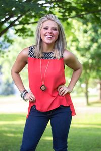 Cute top from Stitch Fix. Love the black & white pattern at the top, with the bold coral and the flattering cut!