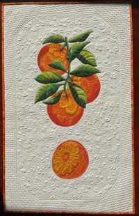 Orange Branch Quilt, designed by Edith Choiniere.
Handmade item.
This art quilt made of raw edge applique, what I fastened with blanket stitches with invisible thread.
Quilted with very detailed free motion quilting: Nemeshing quilting (there are some orange blossoms hidden :-) ) and orange peel design as a border.
There are double layer of batting (80/20 cotton/poly and wool) to show off the quilting design even more.

Quilted by hand guided sit down machine.