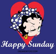 Happy Sunday -Betty Boop graphics & greetings:  http://bettybooppicturesarchive.blogspot.com/  AND https://www.facebook.com/bettybooppictures - Winking Betty Boop with a blue and white polka dot head scarf tied in a big bow #Dreamontoyz.com