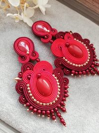 Coral long soutache red earrings, Elegant dangle handmade jewelry, Luxury gift for her - Etsy Polska