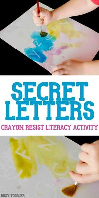 Secret Letters Activity: an awesome crayon resist literacy activity that's so much fun! A quick and easy indoor activity for toddlers and preschoolers; alphabet activity