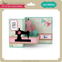 Box card that pops out when opened with a sewing machine, dress form, thread and scissors