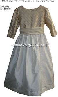 Antique White and Tawny Gold Flower Girl Dress with 3/4 Sleeves | Pegeen