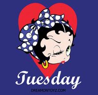 Tuesday -MORE Betty Boop graphics & greetings: http://bettybooppicturesarchive.blogspot.com/ & https://www.facebook.com/bettybooppictures   - Cartoon character Betty Boop with red heart and blue and white polka dot hair bow #Dreamontoyz.com