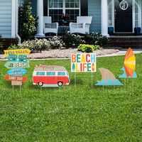 Make it feel like a retro surf party with these colorful beach decorations. With a surfboard shark fin Surf Shack sign and more the cutouts can be used indoors with the included stands or outdoors with the 10 metal stakes. pbBeach Life Table or Yard Sign Kit product details:-b-p ul li5-cutouts per package ul liArrow sign 11in wide x 14.75in tall-li liVan 13.75in wide x 8.25in tall-li liBeach Life 10.75in wide x 8in tall-li liShark fin 9in wide x 8in tall-li liSurfboard 9.25in wide x 15.25in tall-li -ul -li liIncludes ul li5 easels with attached double-stick tape-li li10 yard stakes 20in tall-li -ul -li liSimple assembly required-li liCorrugated plastic and metal-li -ul
