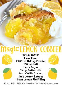 Lemon dessert lovers, this one is for you! Magic Lemon Cobbler is so fun and easy to make. A tender buttermilk cobbler with sweet and tart lemon pie filling--this dessert is so fresh and perfect with a big dollop of ice cream or whipped cream.