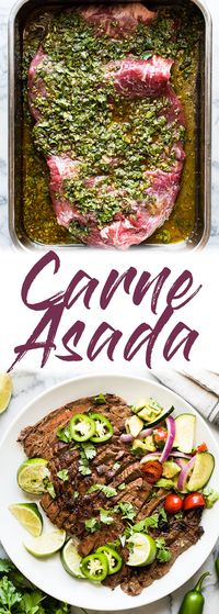 A delicious Carne Asada recipe made from marinated flank or skirt steak and cooked on the grill. Juicy, tender and a great addition to any Mexican meal! #mexican #grilled #steak