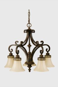 Drawing Room 5lt Down Chandelier by Elstead is an iron collection with traditional Edwardian style. The overlapping arch and fluted detailing is found both in the pressed glass bowls and the die-cast aluminium fitters. The fretwork elements draw on traditional British architectural themes.