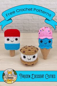FREE frozen dessert crochet patterns coming SOON! |🧊 Ice Pop Cutie 🧊| |🍪 Cookie Ice Cream Sandwich Cutie 🍪| |🍦Ice Cream Cone Cutie 🍦| The sun outside is sweltering, which only makes the frozen treats inside that much more sweet. As you retreat indoors to fend off the heat, there’s no better way to continue the summer adventures than with these free amigurumi patterns!
