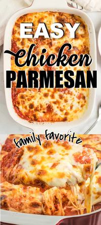 This breaded chicken parmesan is LOADED with flavor. It's crispy, creamy, and cheesy. And super easy to make! #cheerfulcook #chicken #parmesan #ovenbaked #casserole ♡ cheerfulcook.com