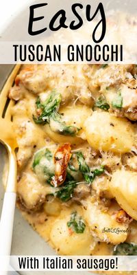 This one pan, 20-minute Italian sausage gnocchi recipe has a creamy Tuscan-inspired sauce! It has sun-dried tomatoes, basil, and spinach.