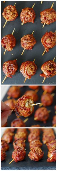 Sweet and Spicy Bacon Wrapped Meatballs are a bite sized appetizer recipe that everyone will love! Suggestion: @jvillesausage fully cooked, frozen meatballs ;)