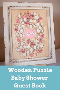 Wooden floral puzzle guest book for baby showers. Laser cut and made with Glowforge.