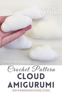 Crochet this simple cloud Amigurumi and make the cutest baby mobiles, stroller toys, hanging ornaments, etc.  For a baby mobile that I’m making, I needed a simple stuffed cloud that could go well with the other Amigurumi I’m using, such as the bird and others.  My idea was to make a cloud that wouldn’t be too realistic but also not too stylized, like the Kawaii clouds. So, I created this free crochet pattern for a cute and simple cloud that is worked in one piece from side to side!  You can crochet this cloud pattern with any yarn and the appropriate hook. Below, you’ll find the sizes I got using Sport-, DK-, and Aran-weight yarns.  I hope you’ll enjoy this free crochet pattern and I cannot wait to see how you’ll use your clouds!