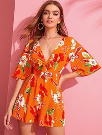 Neon Orange Knot Plunge Neck Pleated Floral Romper