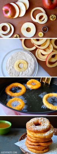 Apple Fritter Rings with Caramel Sauce #recipe from justataste.com