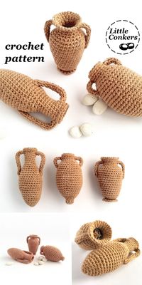 Crochet pattern for three different crocheted amphorae. Make three different amphora designs with this highly-detailed illustrated pattern by Little Conkers. Includes tutorials on invisible decreases and crochet i-cord. #crochetpattern