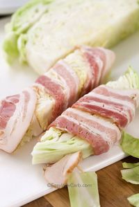 Bacon wrapped cabbage it both low carb and keto friendly. Just a few simple ingredients, cabbage wrapped in bacon and cooked to tender perfection is the perfect side dish for any meal! #cabbage #cabbagerecipes #easylowcarb #ketorecipe #lowcarbrecipe #lowcarbsidedish #atkinsrecipe #inductionrecipe #cabbageandbacon #baconrecipe