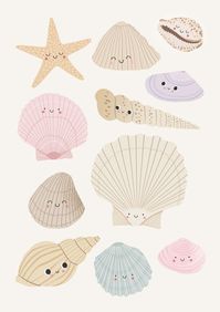 Cute Happy Shells Poster Wall Art Print Beach Nautical Shells | Etsy UK
