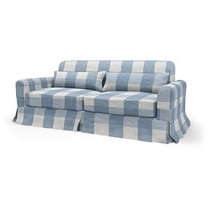 a blue and white checkered couch sitting on top of a white floor next to a wall