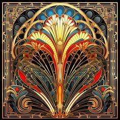 an art deco design with gold and red colors on black background, in the style of art