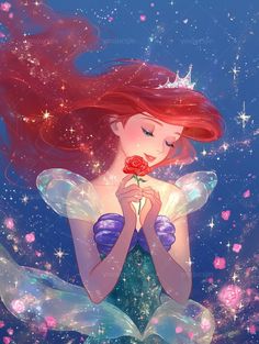 the little mermaid is holding a rose in her hands