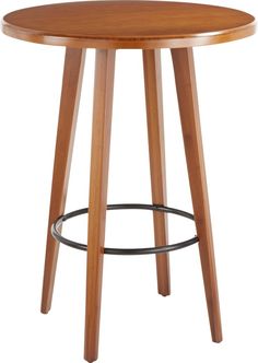 a round wooden table with two metal barstools on the bottom and one leg