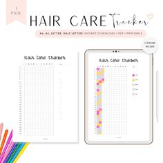 the printable hair care tracker is displayed next to colored pencils and an ipad