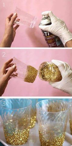 three pictures showing how to make gold glitter cups