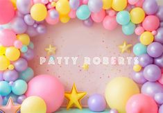 balloons, stars and confetti are arranged around the word patty roberts