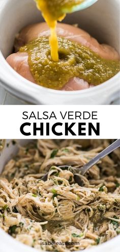 salsa verde chicken in a white crock pot with green sauce being poured over it