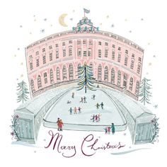 a christmas card with people skating on an ice rink in front of a pink building