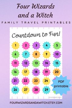 "Countdown to Fun" has bright colored stars that are yellow, pink, purple, blue, green, and orange. Each star has a number on it keep you organized as you countdown. You can countdown up to 150 days. Traveling Activities, Usa Road Trip Map, Yellowstone Vacation Planning, Beach Vacation Meals, Trip Countdown, Countdown Ideas