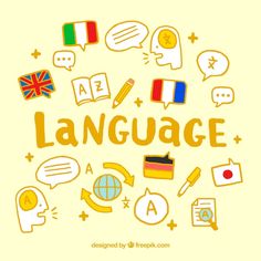 the word language surrounded by different types of speech bubbles and flags on a yellow background