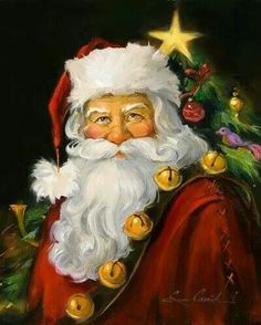 a painting of santa claus in front of a christmas tree with lights and ornaments on it