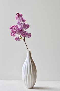 a white vase with purple flowers in it